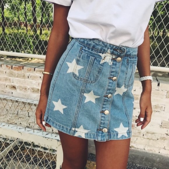 BellanBlue Dresses & Skirts - Boho Light Wash Star Print Denim Mini skirt